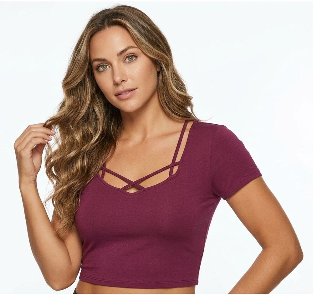 Halara Shirt Womens Large Burgundy Strappy V Neck Short Sleeve Crop Stretch Top